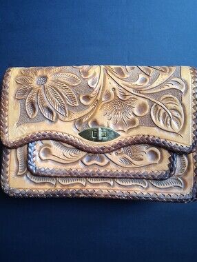 Vintage Handtooled Leather Clutch - Missing Shoulder Strap Made In Mexico Boho